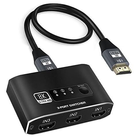 HDMI 2.1 Switch, 8K HDMI Switch 3X1 4K 120HZ, HDMI Switcher 3 in 1 Out 3 Port HDMI Selector with 1.2M Cable Supports 8K 60HZ 48Gbps VRR HDCP 2.3 HDR10 D-olby vision for HDTV,PS5,Xbox,Fire Stick,SkYQ Cover