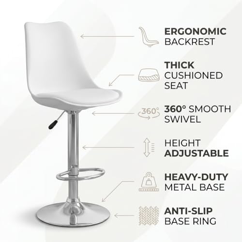 Image of activa Rapid Bar Stool Chair with Height Adjustable Design, Padded Seat & Footrest | Modern Metal Counter Stool for Kitchen, Home, Bar & Cafe Seating | Durable Comfort Chair (White, Set 1)