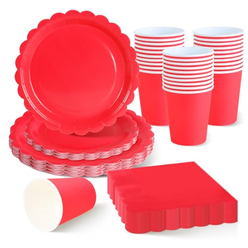 ZblPyro Rojo vajilla cumpleaños para 30 invitados con platos carton ondulados 23cm y 18cm, vasos de papel y servilletas. Ideal para San Valentín y aniversarios.