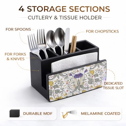 Image of Reinvention Factory Wooden Cutlery Holder I Countertop Organizer - Spoon Fork Knife Napkin Tissue Paper I Home & Kitchen I Size 7 inch X 5 inch X 4 inch I Retro Hibiscus