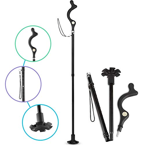 Sturdy and Lightweight Campbell Posture Walking Cane for Men Women and Seniors - Traction Tip for Stability - Easily collapsable for Travel - Height Adjustable Walking Stick with Wrist Strap