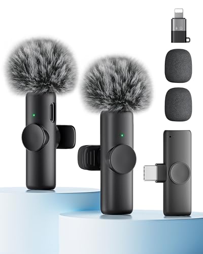 Wireless Microphone for iPhone iPad and Android Phone, 2 Pack Wireless Lavalier Lapel Mic with Noise Reduction, Plug and Play Mini Microphone for Video Recording Interview Podcast YouTube TikTok Vlog