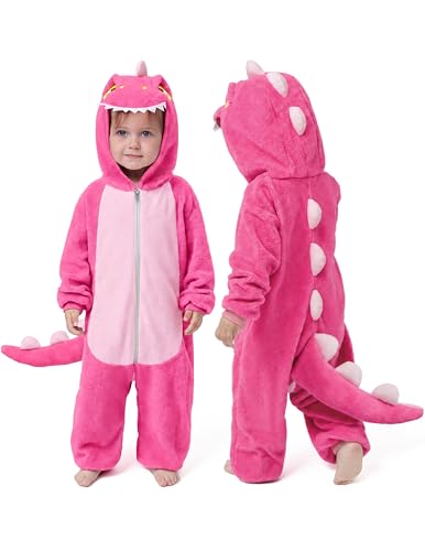 Spooktacular Creations Halloween Baby Dinosaur Costume, Unisex Toddler Dinosaur Jumpsuit, Rose Pink Dragon Zip-up Hooded Costume, Cute Dragon Romper for Baby Boys Girls Halloween Cosplay Themed Party