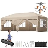 【USO EN CUALQUIER CLIMA】Fabricada con tejido Oxford 210D reforzado con un revestimiento plateado para la glorieta plegable de jardín de 3 x 6, factor de protección solar alto UPF50+, que bloquea eficazmente el 99 % de los rayos UV; el proceso de costura totalmente sellado mejora el rendimiento impermeable, resiste fácilmente el viento y la lluvia y es más seguro para su uso en exteriores.