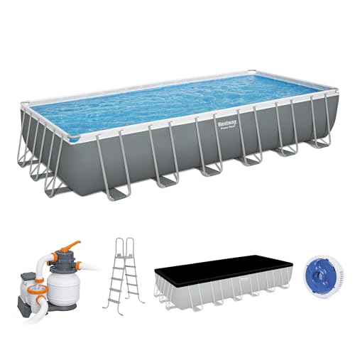 Bestway Power Steel 24' x 12' x 52' Rectangular Metal Frame Above Ground Swimming Pool Set with 1500...