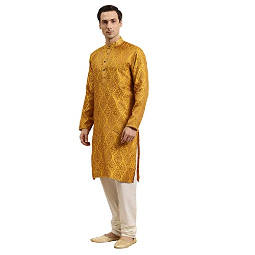 Sojanya (Since 1958) Men'S Jacquard Silk Mustard & Gold Kurta, Size 403