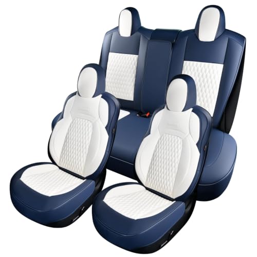 Image of Coverado Car Seat Covers for Tesla Model 3, Car Seat Covers Full Set 5 Seater, Leatherette Car Seat Covers Front Seats and Back Custom for Tesla 2017-2023 Model 3 BlueWhite