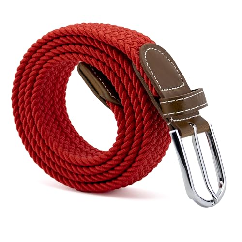 Cinturón trenzado extensible y elástico, Cinturón de tela elástica trenzada, Cinturón de tejido elástico, Cinturón ajustable trenzado, Ajuste flexible, Color rojo, 110 cm