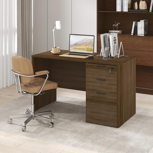 Image of Furinno Roger 47 Inch Executive Desk with File Cabinet, Home Office Desk with 3-Drawer Fixed Pedestal Filing Cabinet, Desk Cord Grommet, for Home Office, Modern Walnut