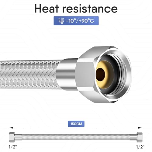 YUANNY Flexschlauch 1/2 Zoll Schlauch Überwurf Beidseitig 150 cm Anschlussschlauch Armatur Verbindungsschlauch Flexibler Schlauch für Wasserhahn Eckventil Waschtisch Küchenarmatur Bad WC Spülkasten