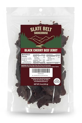 Slate Belt Smokehouse Black Cherry Beef Jerky, High Protein Snack, Gluten-Free Jerky 9 Ounce
