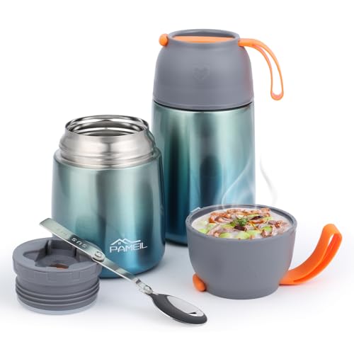 Juego de 2 Termo Comida Caliente 450 ml+650 ml, Termo para Comida Caliente Inoxidable con Cuchara Plegable, para Adultos Niños-Sin BPA