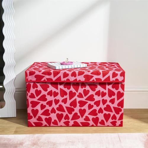 OHS Large Collapsible Storage Box, Hearts Print Foldable Storage Box with Lid Wardrobe Organizer Bin with Handle Fabric Basket Organizer for Clothes Book Shelf Office, Pink