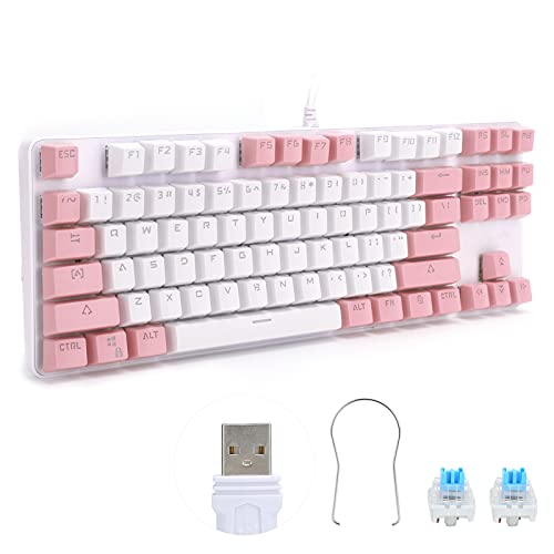 Tastiera da gioco meccanica 87 tasti Tastiera ergonomica E-Sports Tastiera da gioco USB cablata per computer portatile da gioco per PC(White Pink)