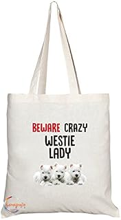 TB203 Beware Crazy Westie Lady Novelty Present Gift Printed Eco-Friendly Stylish Long Handled Tote Shoulder Bag