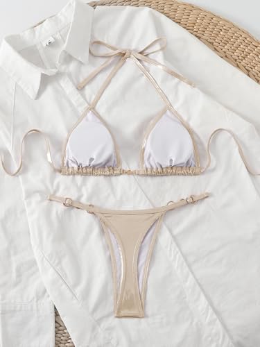 Women's Metallic Triangle Halter Bikini Sets Shiny Tie Back Pearl String Two Piece Swimsuit Bathing Suit Set3