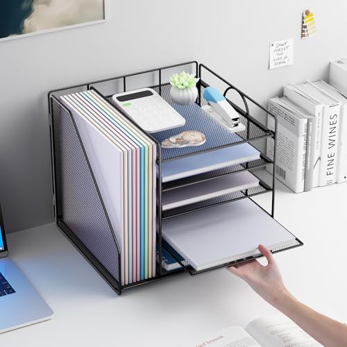 Restorgan Schreibtisch Organizer mit Aktenhalter, 5-stöckiges Papier Briefkasten Organizer, Desktop Organizer und Aufbewahrung, Mesh Schreibtisch Organizer und Zubehör für Bürobedarf zu Hause,Schwarz