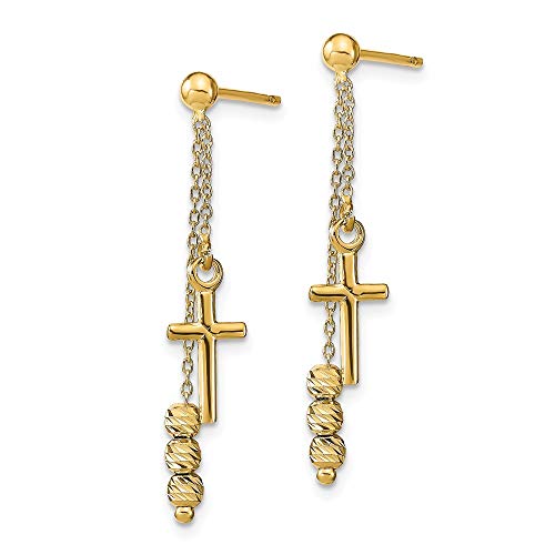 Solid 14K Yellow Gold Diamond-Cut Cross Beaded Post Studs Dangle Earrings - 31Mm X 6Mm #TOP1