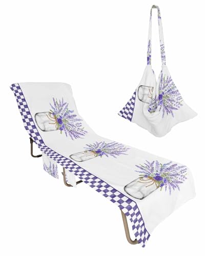 Purple Lavender, Beach Lounge Chair Towel Cover, Soft Chaise Lounge Towel with Side Pockets Patio Pool Chairs Cover for Beach/Pool Sunbathing 29x85 Modern White Buffalo Plaid Checkered Floral