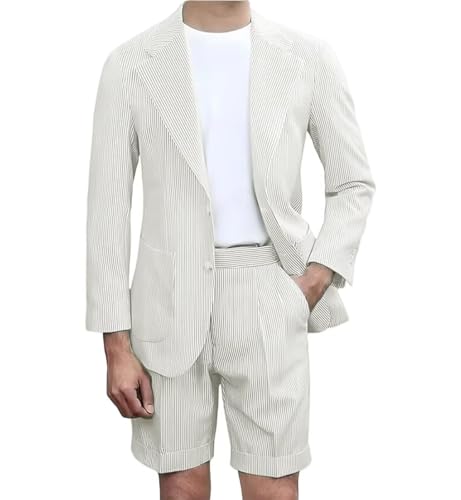 Men's Seersucker 2 Piece Suits Casual Summer Tuxedo Suit Set for Men Striped Slim Fit Beach Wedding Prom Jacket Blazer Shorts