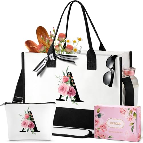 TRSODD Birthday Gifts for Women Initial Can-vas Tote Bag with Adjustable Shoulder Strap and Makeup Bag Mothers Day Gifts for Mom Wife Grandma Daughter Sister A