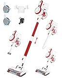 Micol Akku Staubsauger, 20Kpa Staubsauger Kabellos mit 2 Saugmodi, 15-38 Min Laufzeit, Akkusauger mit LED-Leuchten, 6-in-1 Kabelloser Staubsauger für Tierhaare Hartböden Teppich, Weiss&Rot