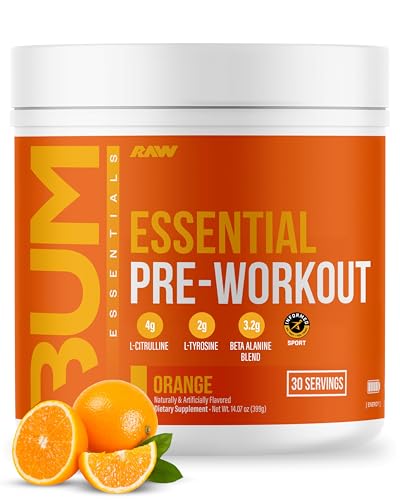 RAW Essential Pre-Workout Powder (Orange) - Chris Bumstead Sports Nutrition Supplement for Men & Women - Preworkout Energy Powder with Caffeine, L-Citrulline, L-Tyrosine, & Beta Alanine Blend