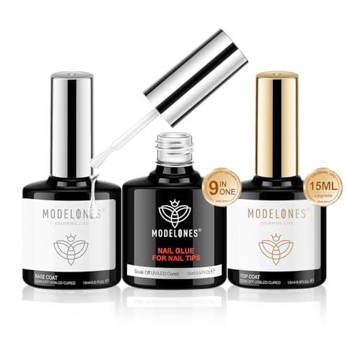 modelones X Gel Nail Glue and Top Base Coat Set 15ML 3 PCS No Wipe Clear Gel Polish 9 in One Nail Glue for Nail Tips Press Ons Rhinestone Long Lasting Glossy Soak Off U V Manicure Gift Kit for Women