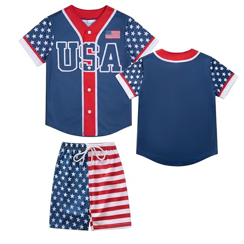 Image of 4th Of July Boys American Flag Button Up Baseball Jersey Shirt Shorts Set for 2-14 Years Kids Independence Day Outfit