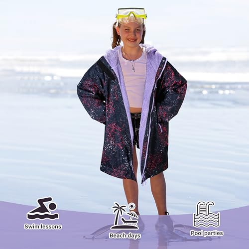 Image of Catalonia Waterproof Kids Swim Parka with Hood, Sherpa Lined Swim Coat with Inner Pocket & Write-On Name Tag