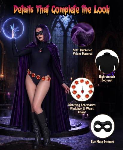 Image of Raven Costume for Women, 6PCS Halloween Costume Set for Women with Purple Hooded Cloak, Bodysuit & Red Gem Belt