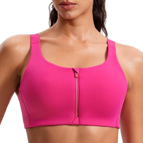 Image of CRZ YOGA Zip Front Cross Back Sports Bras | Molded Cups, Medium to high Support, Training, Adjustable Convertible Straps, Hook and Eye, for Women