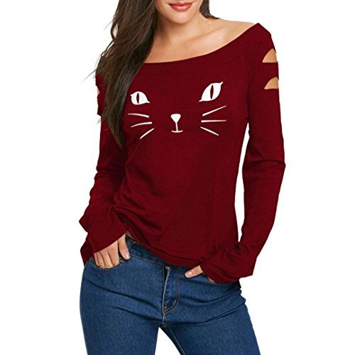 Camisa de Mujer Sexy Moda Gato Fuera del Hombro Suelto Casual Algodón Elegante Manga Larga Tops Blusa Camiseta de Mujer Sudaderas con Capucha LMMVP (M, Rojo)