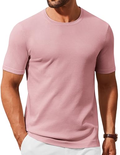 Image of COOFANDY Men's T-Shirts Short Sleeve Knitted T Shirt Men Crew Neck Casual Tops Pink S