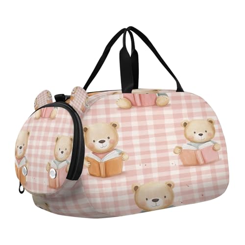 YETTASBIN Sport Travel Duffel Bag for Girls Boys, Cute Bear Large Waterproof Weekender Overnight Bag, Detachable Shoulder Strap Gym Bag with Shoe Compartment & Wet Pocket