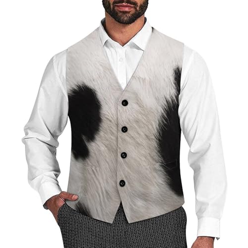 Black And White Cow Skin Men's Suit Vest Slim Fit V-Ncek Waistcoat Business Casual Vest