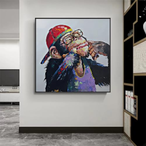 Peinture singe sur toile écouteurs colorés art mural moderne 40x40