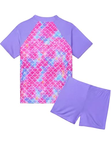 Image of Girls Swimsuit Colorful Short Sleeve Bathing Suits UPF 50+ Rash Guard Set Two Piece Summer Swimwear