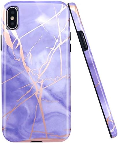 JAHOLAN Compatible iPhone X Case iPhone Xs Shiny Rose Gold Purple Marble Design Black Bumper Glossy TPU Soft Rubber Silicone Cover Phone Case