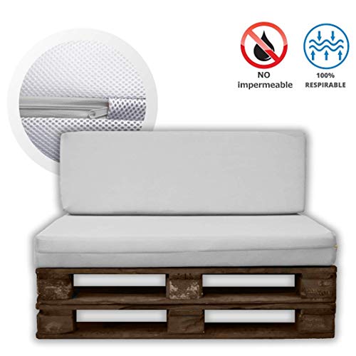 MICAMAMELLAMA Pack Asiento + Respaldo para Sofá de Palet Exterior e Interior - Funda Blanca de Tejido 3D Hipertranspirable - Espuma HR Alta Densidad - Grosor 12cm