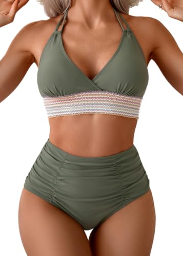 Bikini Sets for Women Halter Deep V Neck Swimwear Backless High Waisted Two-Piece Swimwear Set Tummy Control Bikini(Green,L)