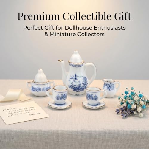 Image of Miniature Tea Set 1 /6 Scale Dollhouse Accessories Porcelain Blue Flower