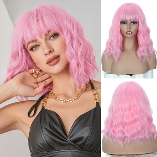 Pastel Bob Wigs with Bangs for Women Loose Wavy Wig Pastel Wavy Shoulder Length Bob Synthetic Cosplay Wig for Girl Colorful Costume Wigs 14 Inches (Pink)