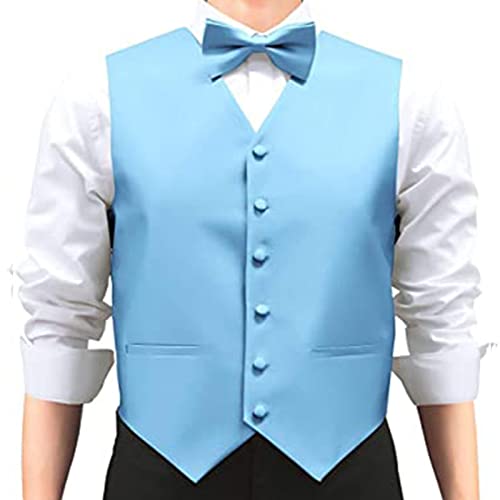 Groomsmen Solid Color Dress Waistcoat with Bowtie Men's Formal Business 6 Buttons Suit Vest for Party Dating Employee (Color : Light Blue, Size : Medium)