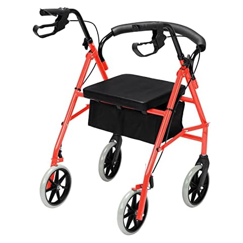 Bonnlo Rollator Walkers with Extra Wide Padded Seat for Seniors Lightweight, Easy Folding Medical Walker with 8 inch Wheels, Storage Pouch, Padded Backrest, Supports up to 300 lbs, Red Cover