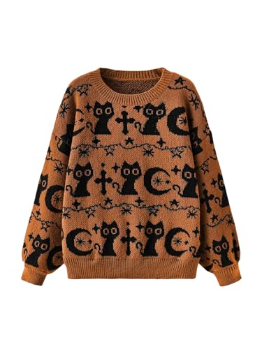 Image of WDIRARA Women's Goth Cartoon Pattern Sweater Long Sleeve Crewneck Knit Pullover Top