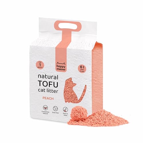 HAPPY MEOW Arena de Tofu para Gatos (6L / 2,5Kg) - Natural y Biodegradable - Aglomerante Instantáneo, Bajo en Polvo, Control de Olores Duradero, Ultra Absorbente, Desechable en el Inodoro (Melocotón)