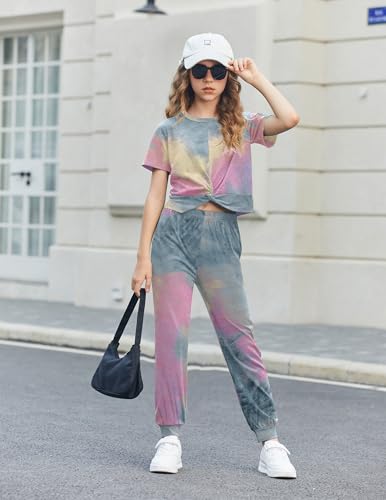 Image of Flypigs Girls Clothing Sets Tie Dye 2 Piece Outfits Short Sleeve Twist Front Tops and Sweatpants Sportswear Tracksuits