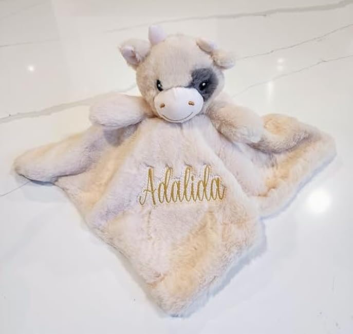 SONA G Designs Personalized Plush Cow Baby Lovey Lovie Security Blanket- Cream Color