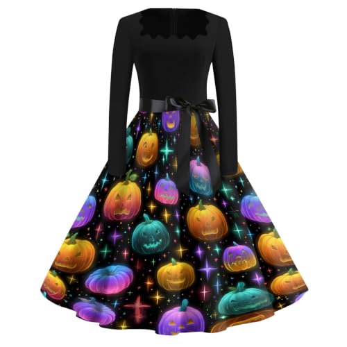 Vestido midi de Halloween evasé manga larga: evita el frío con estilo elegante